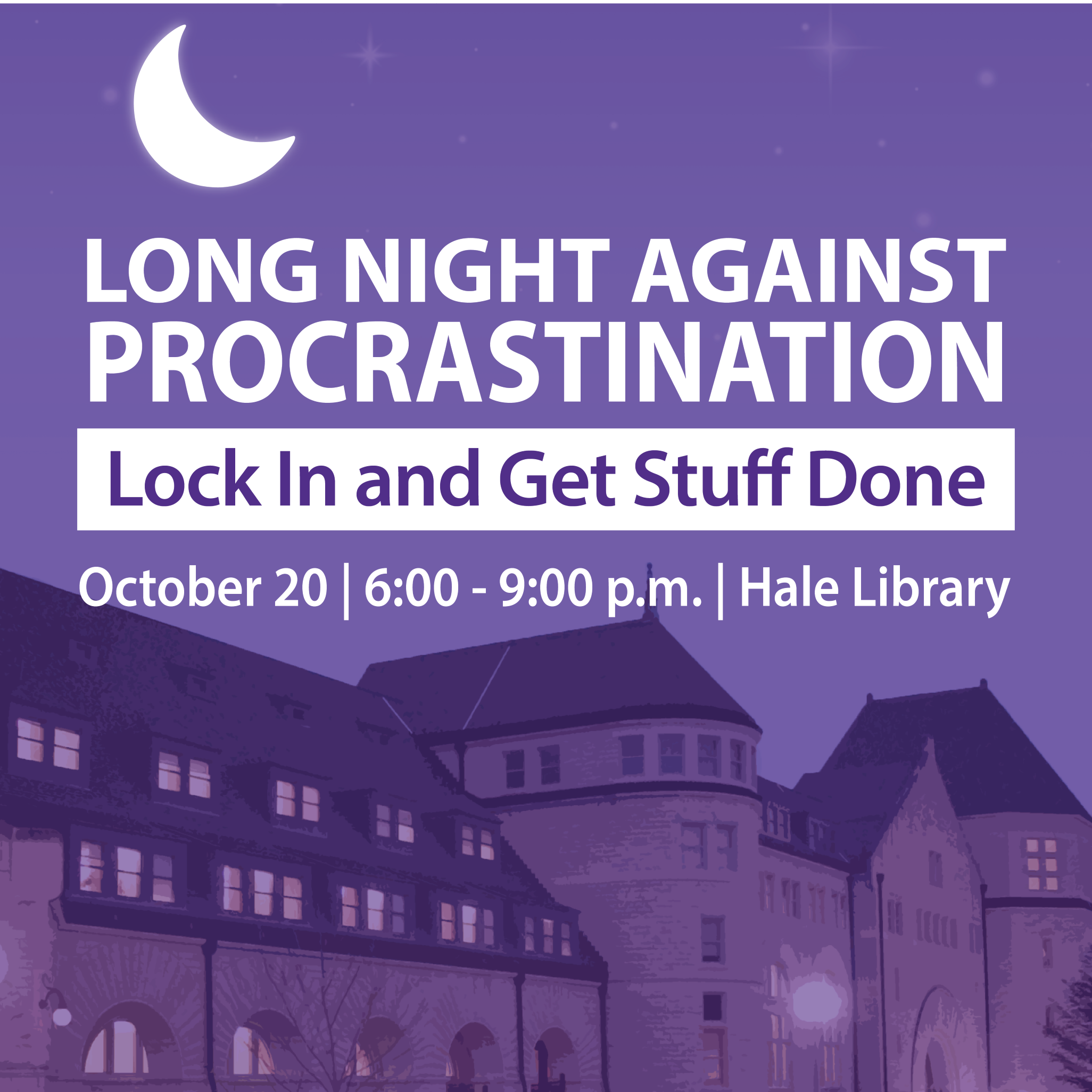 Hale Library recolored purple with a cartoon moon and stars in the night sky.