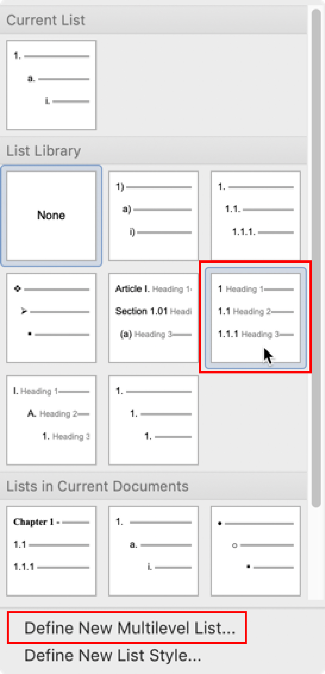 Image showing which list to click and where to click Define New Multilevel List.