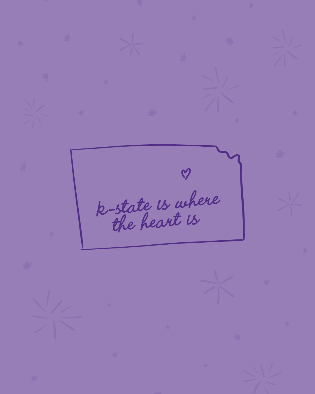 download K-State Bound social tile Lavender background with doodle of Kansas and a heart over Manhattan with text that reads "k-state is where the heart is"