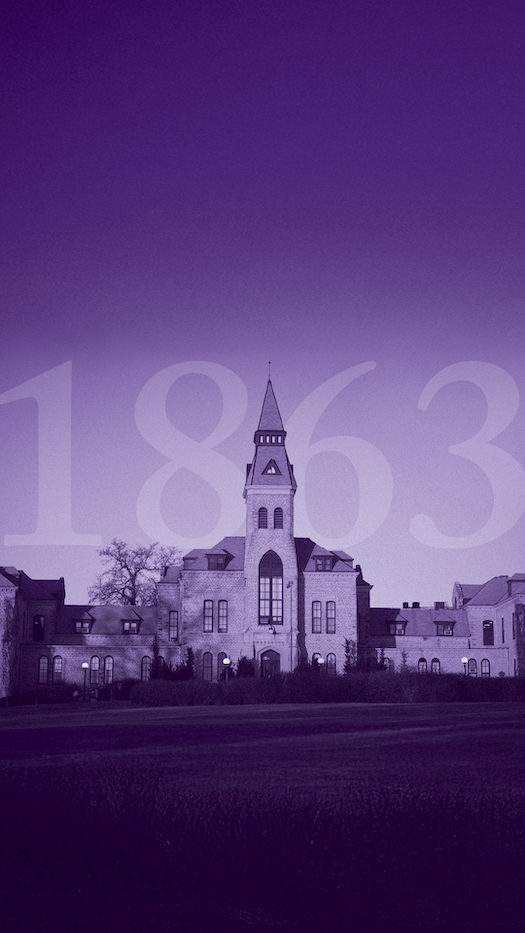 download K-State Bound social tile Image of Anderson hall with purple overlay and "1863" is large and transparent in the sky