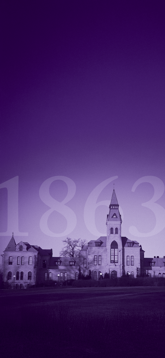 K-State downloadable phone wallpaper Image of Anderson hall with purple overlay and "1863" is large and transparent in the sky