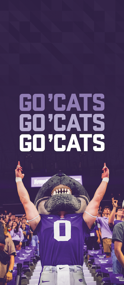 K-State downloadable phone wallpaper Image of Willie the Wildcat at a basketball game with text that reads "Go 'Cats" in white, lavender, and purple from bottom to top