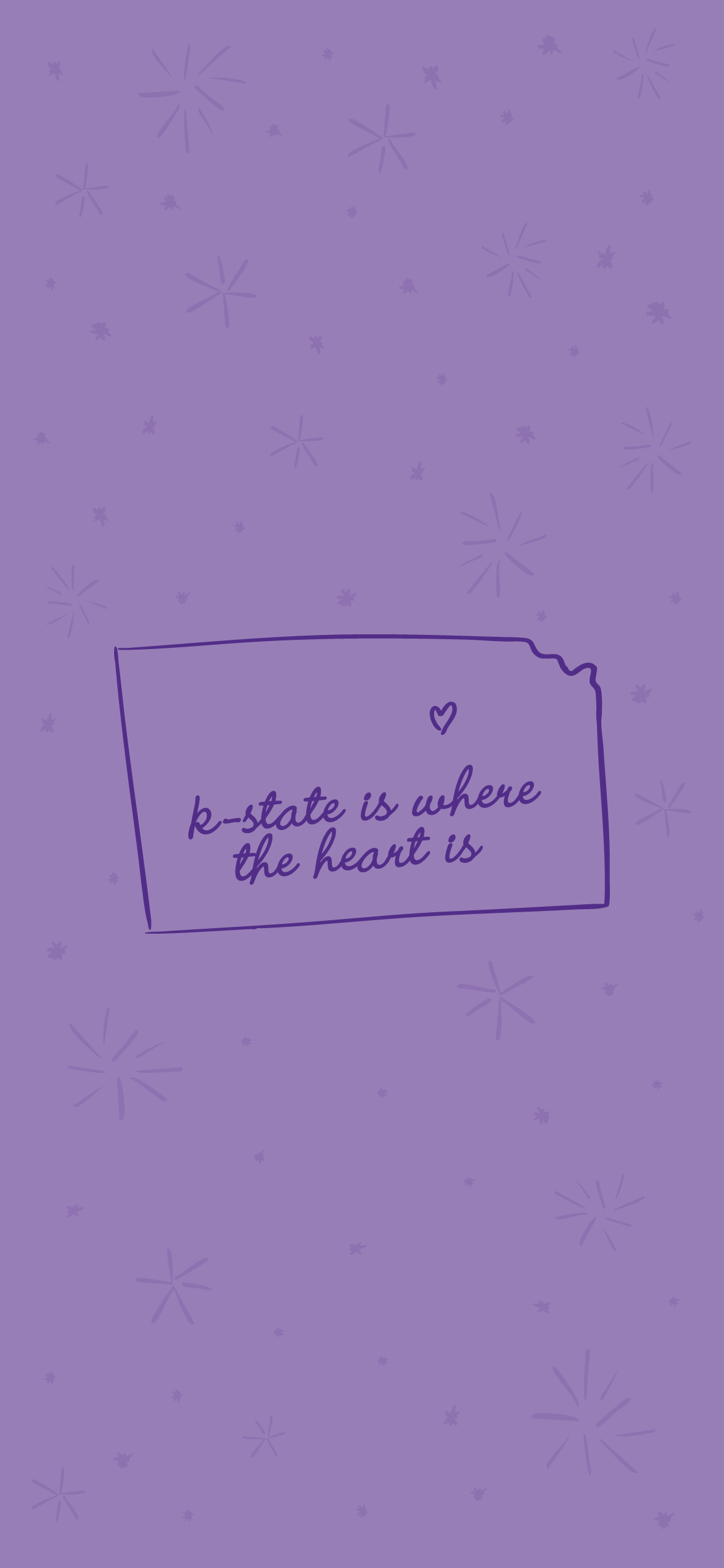 K-State downloadable phone wallpaper Lavender background with doodle of Kansas and a heart over Manhattan with text that reads "k-state is where the heart is"