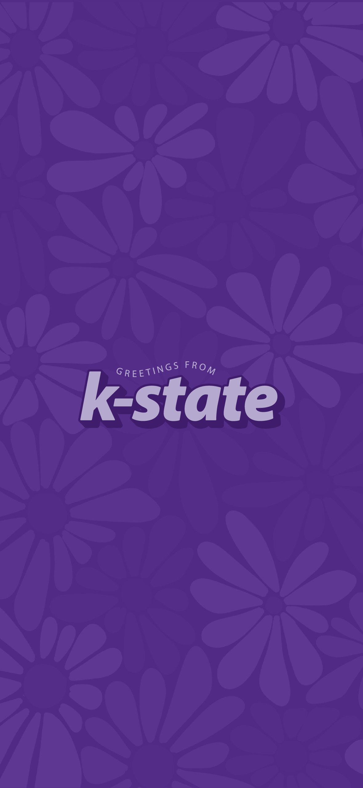 K-State downloadable phone wallpaper Purple background with flowers and text that reads "Greetings from k-state"