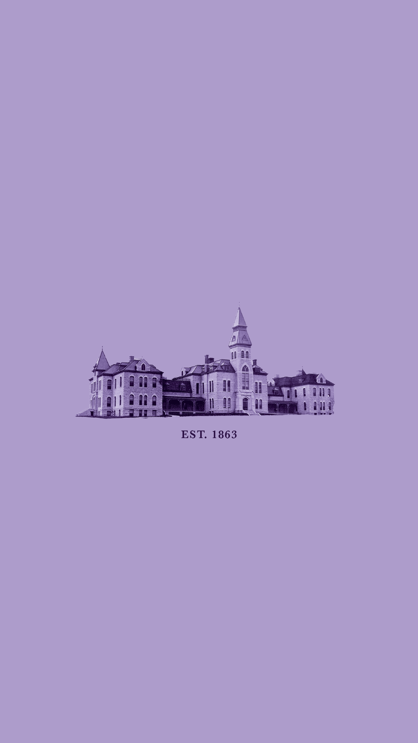K-State downloadable phone wallpaper Lavender background with image of Anderson Hall and text that reads "EST. 1863"