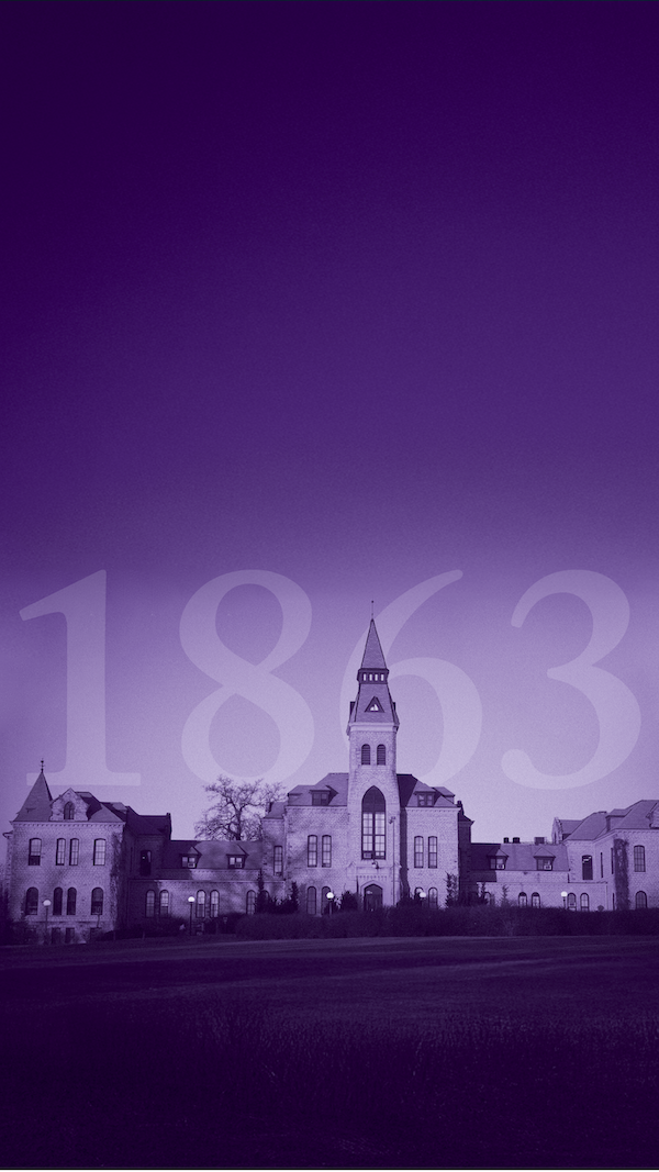 K-State downloadable phone wallpaper Image of Anderson hall with purple overlay and "1863" is large and transparent in the sky