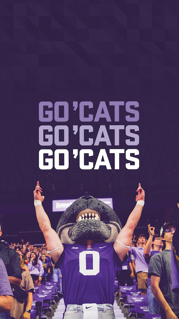 K-State downloadable phone wallpaper Image of Willie the Wildcat at a basketball game with text that reads "Go 'Cats" in white, lavender, and purple from bottom to top