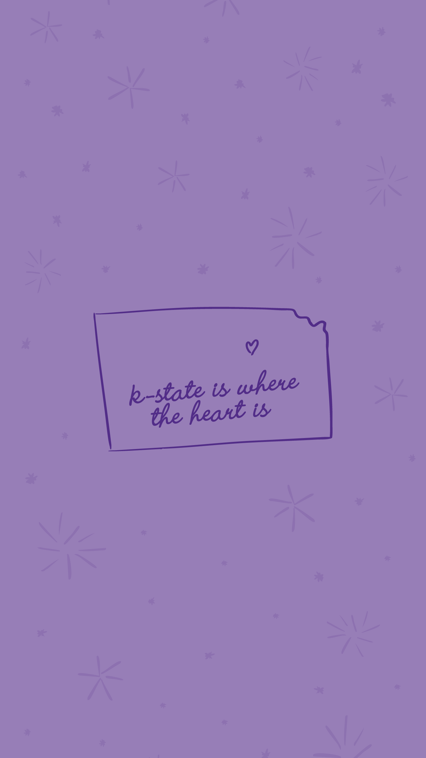 K-State downloadable phone wallpaper Lavender background with doodle of Kansas and a heart over Manhattan with text that reads "k-state is where the heart is"