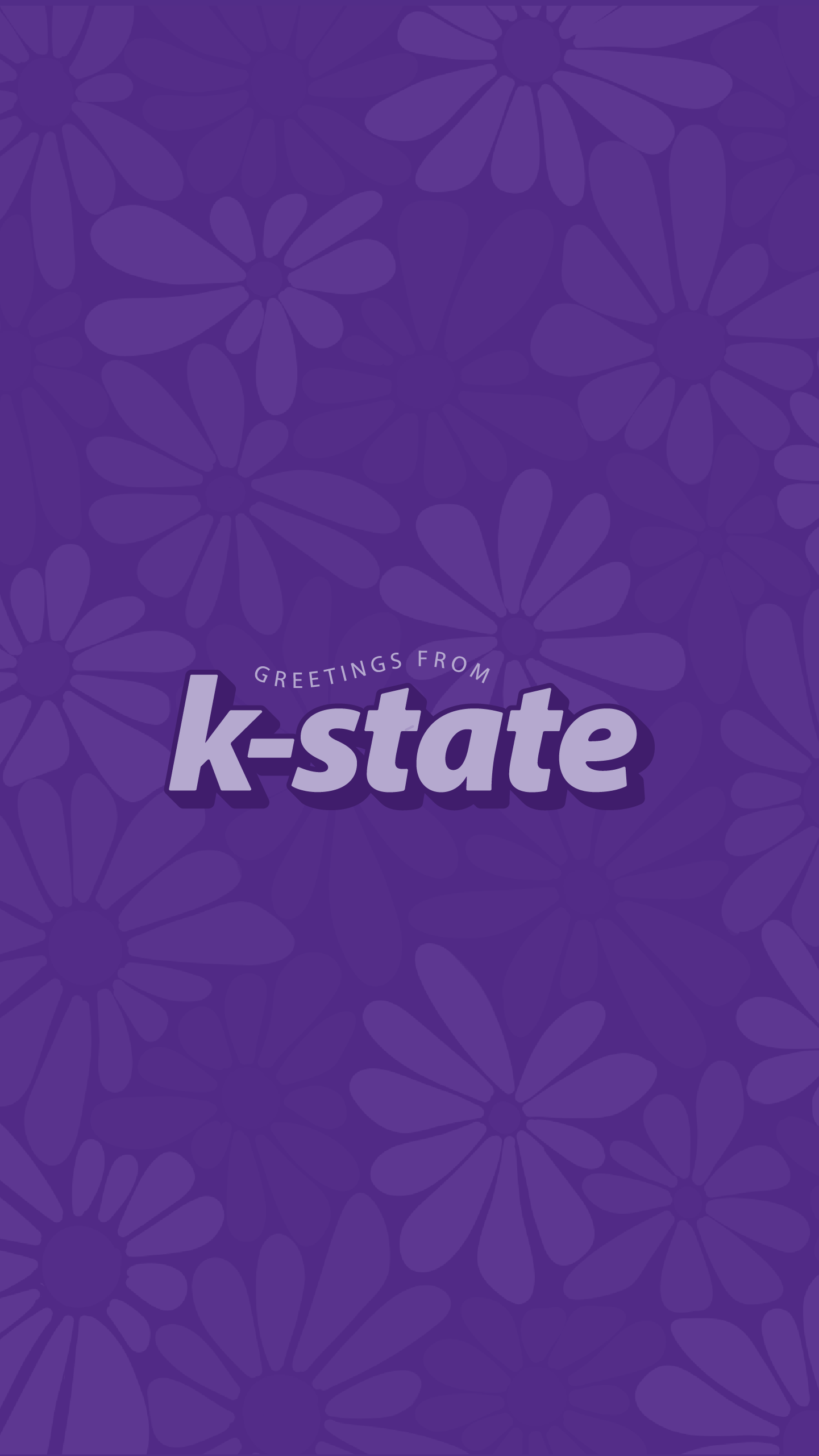K-State downloadable phone wallpaper Purple background with flowers and text that reads "Greetings from k-state"