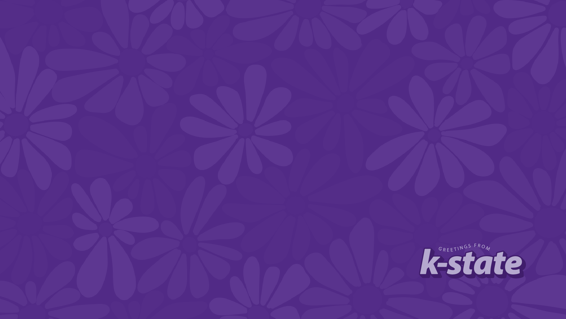 K-State downloadable computer wallpaper Purple background with flowers and text that reads "Greetings from k-state"