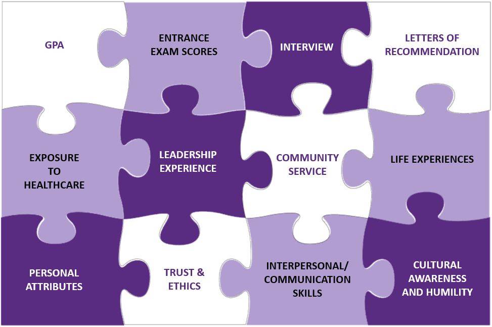 puzzle pieces detailing the various aspects of a competitive professional school application, including GPA, entrance exam scores, interviews, letters of recommendation, exposure to healthcare, leadership experience, community service, life experiences, personal attributes, trust & ethics, interpersonal and communication skills, and cultural awareness and humility. 