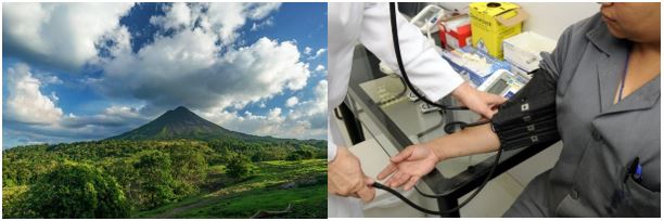 pictures of a volcano in costa rica and of a health professional taking someone's blood pressure