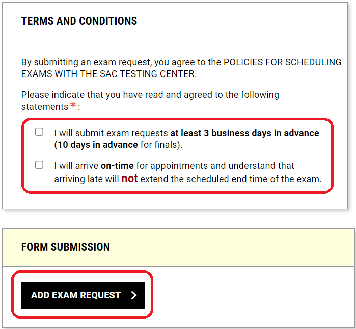 Terms and Conditions, Add Exam Request