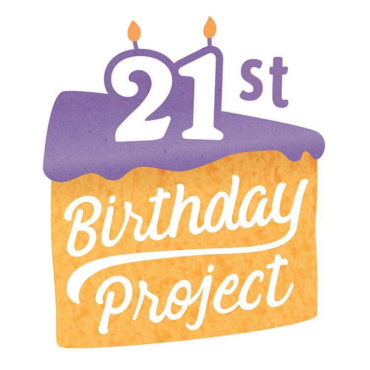 A graphic of a peice of cake with the candles "21" on top of it.