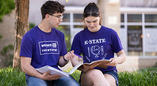 Two students wearing K-State shirts share resources outside of the Student Union