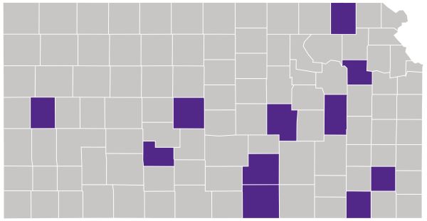 This map shows the locations of the 11 collaborative community-based projects that have been selected for the first cohort of the K-State 105 Entrepreneurial Blueprint Initiative. The projects focus on entrepreneurship and small business development. 