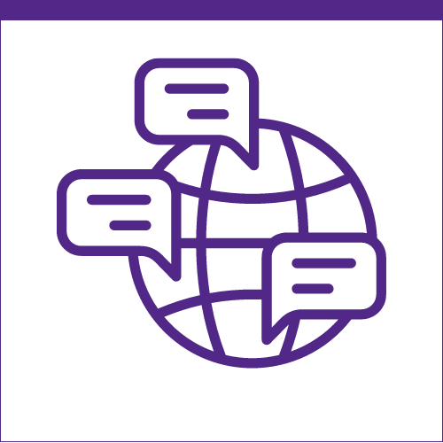 Bilingual Initiatives Purple icon depicting a globe with speech bubbles