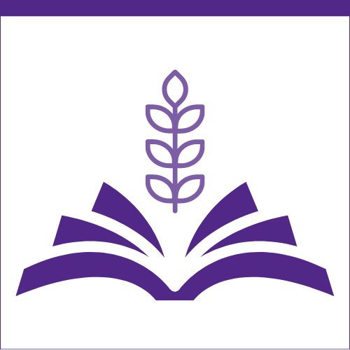 Novel use case studies Purple icon depicting a book with a plant growing from it