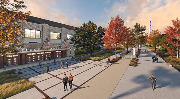 People are walking along a pathway outside the redesigned Ahearn Field House.