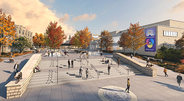 A reimagined Bosco Student Plaza features wide stone steps, autumn trees, and people walking or sitting.