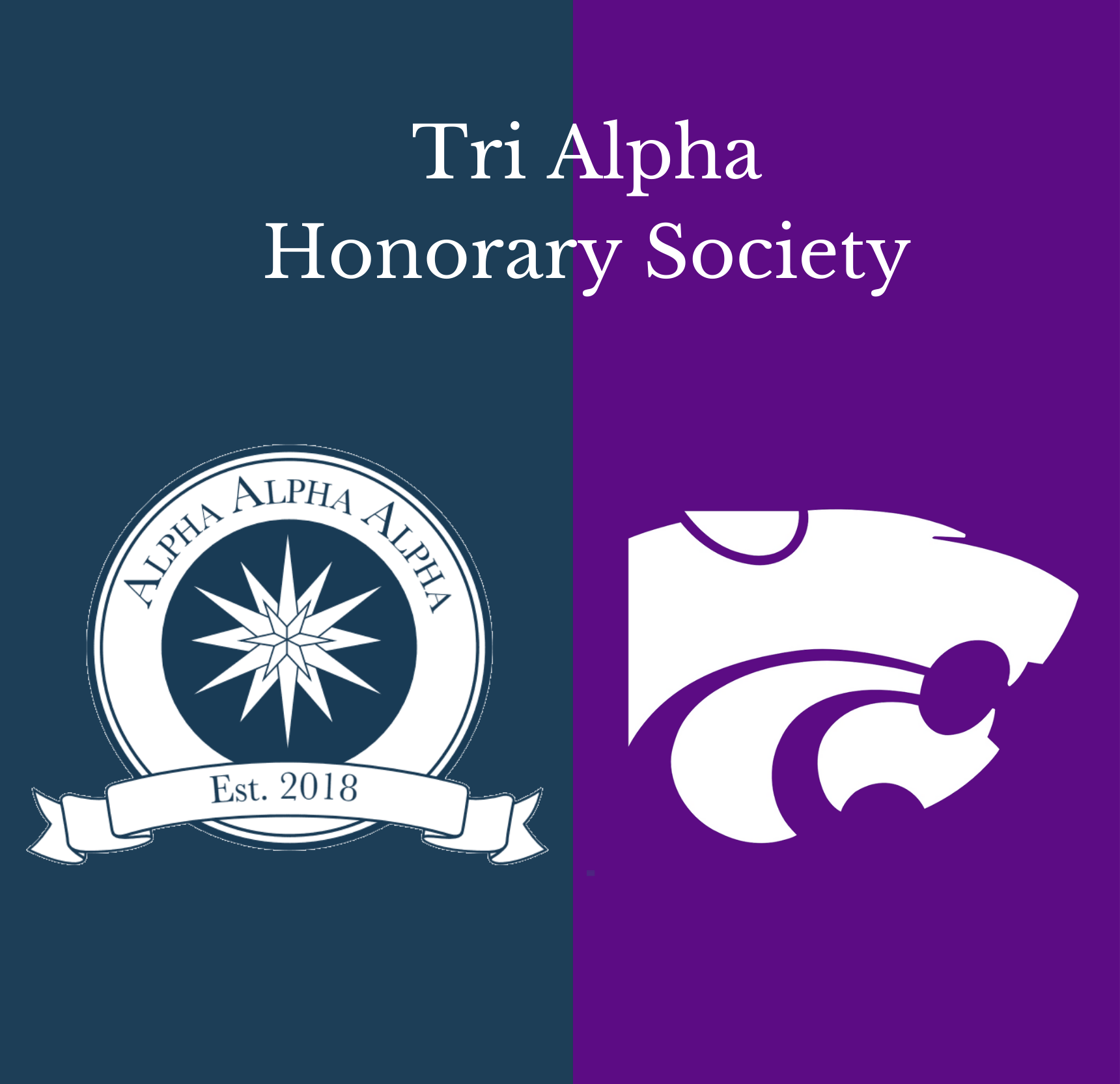 Tri-Alpha Logo: Left side is navy blue with the Alpha Alpha Alpha pendant. Right side is purple with the K-State Powercat.