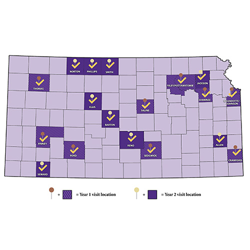 This map shows the 18 counties and surrounding regions that K-State visited during two years of community visits.