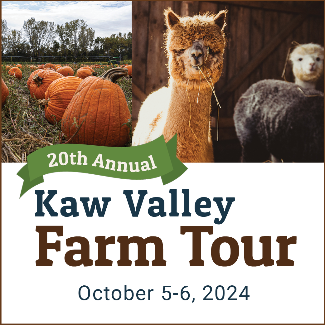 20th Annual Kaw Valley Farm Tour October 5 - 6, 2024. Pictures of pumpkin and alpacas.