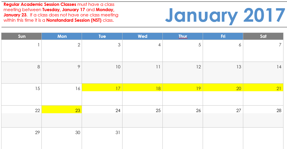 January 2017 Visual Calendar