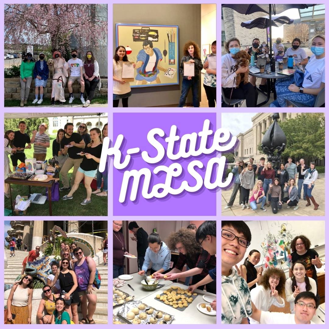Light purple background, with nine squares. Eight squares have various images of students doing different activities together, center square has text saying "K-State MLSA".