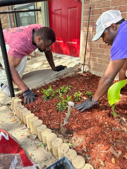 Two people work on a small garden