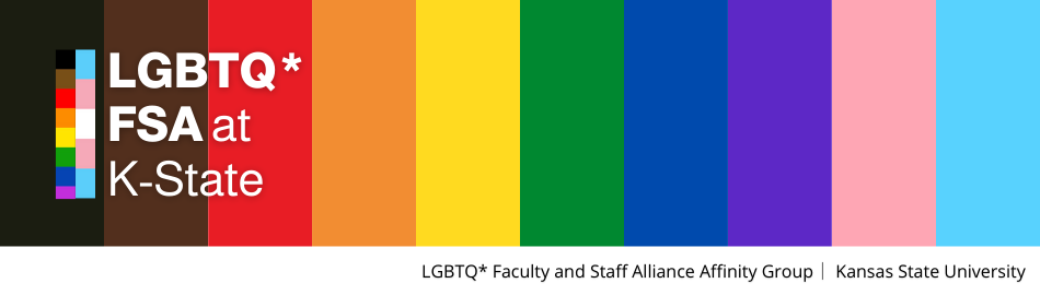 Banner with vertical rainbow stripes overlayed with the LGBTQ FSA Logo