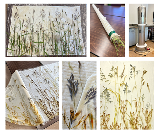 A collage of photos that depict the botanical printing process