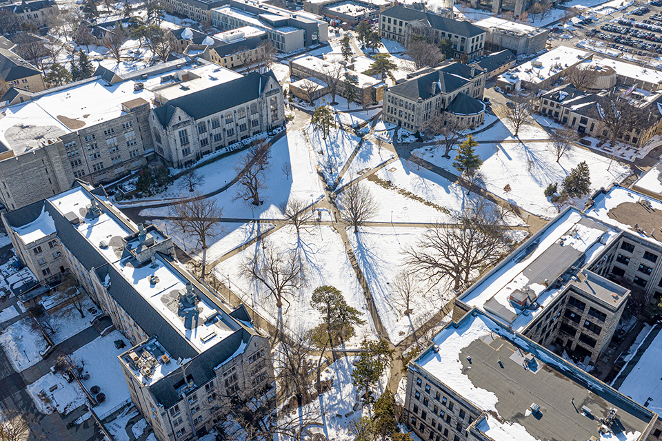 An aerial view of the quad on K-State's Manhattan campus following heavy snowfall in early January 2025.