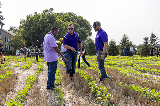 Standing in an open field of crops between two other men, Brian Martin, in a purple polo, explains some of the precision agriculture techniques he uses at his farm, as supported by Kansas State University researchers.