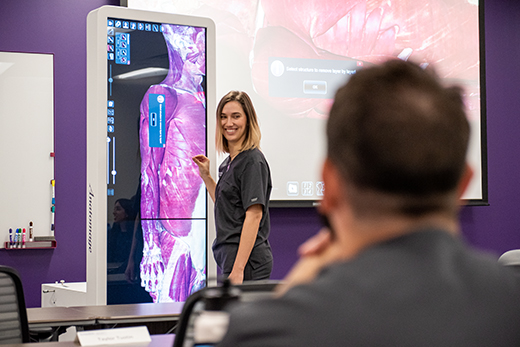 Alexa Tkachuck, a member of the inaugural cohort of Kansas State University's physician assistant studies program, reviews anatomy using the vertical Anatomage table.