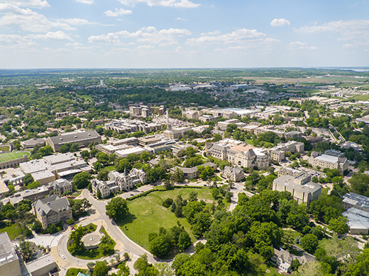 Kansas State University's Manhattan campus during a sunny summer day, as seen from an aerial drone looking from the southeast corner of campus to the northwest.