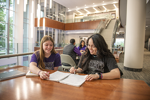 Two students study together in the sunlight atrium of K-State's College of Business Administration building.