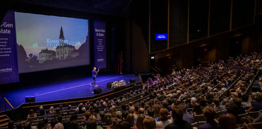 President Linton gives State Of Our University presentation to large audience in McCain Auditorium 