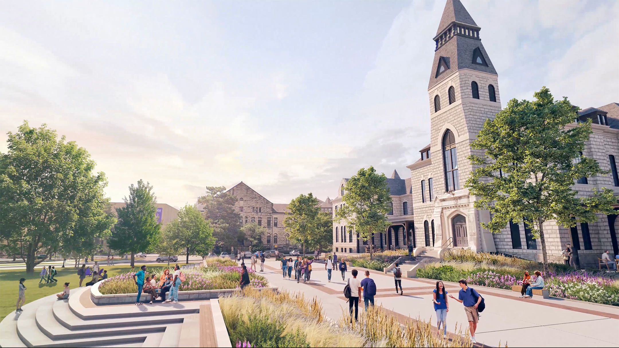 A rendering of a renovated Anderson Hall, a tower-like limestone building, with a pedestrian walkway in front of it with rendered students walking and seated on a descending stairstep area across from the pedestrian walkway.