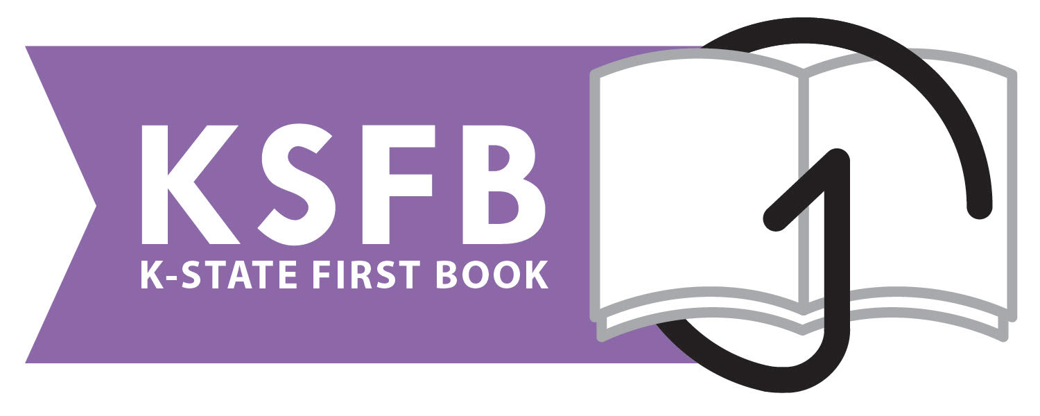 K-State First Book logo shows a purple banner with the a clipart open book.