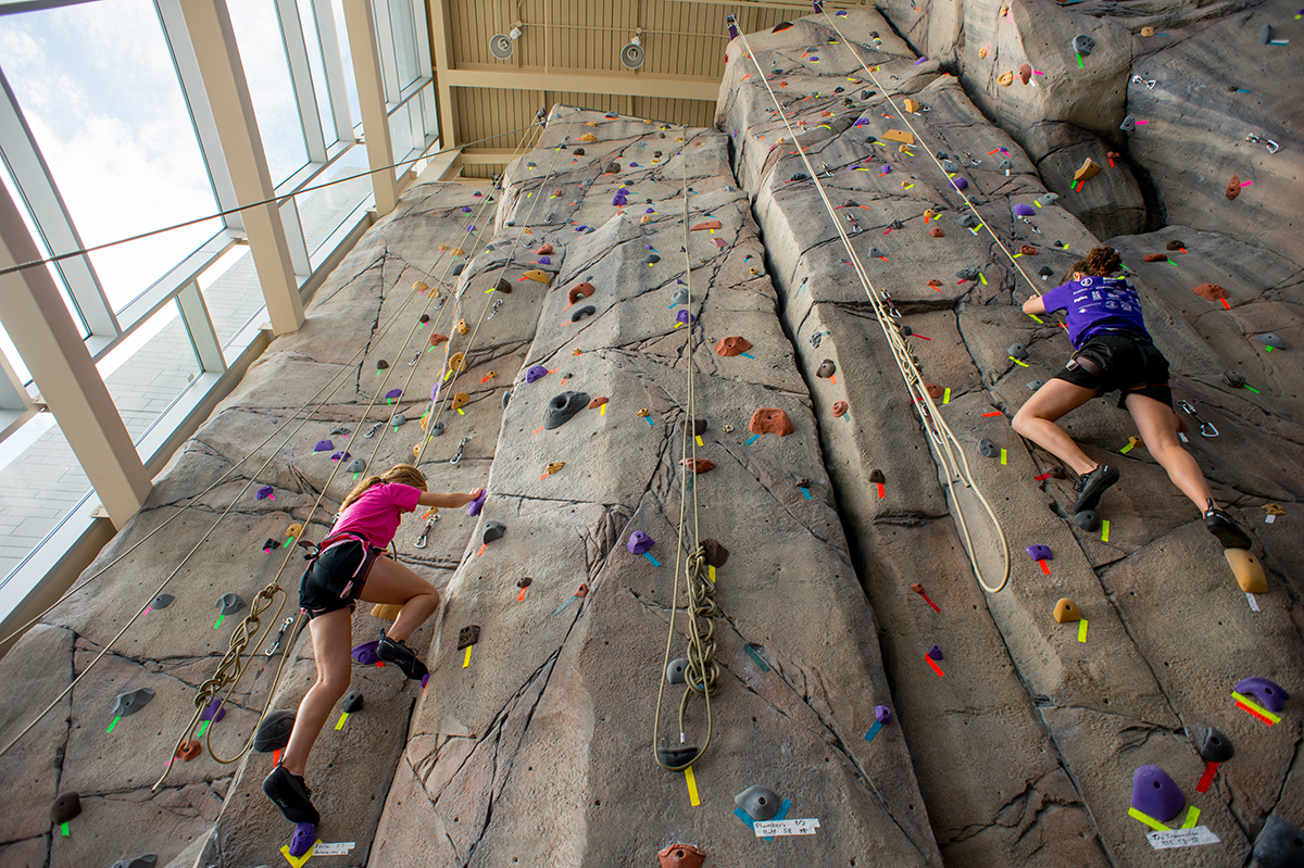 Two students, one in a purple t-shirt and one in a pink t-shirt, scale a rock-climbing wall. They are attached with harnesses, and there are colorful footholds all throughout the gray climbing wall.