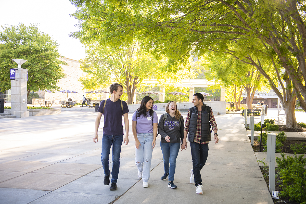 Four students walk on campus underneath trees with light green leaves in a plaza that has picnic seating with purple umbrellas and purple banners with white powercats on them.