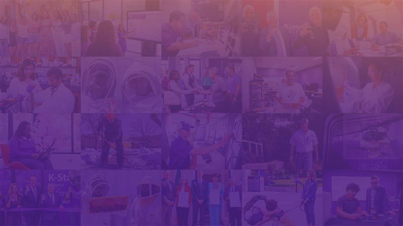 purple graphic with small photos