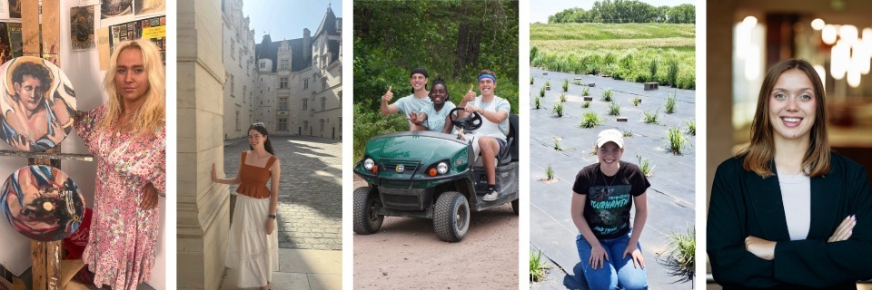 A collage of photos showing five different students conducting research, making art, posing with historic buildings and standing in a business building.