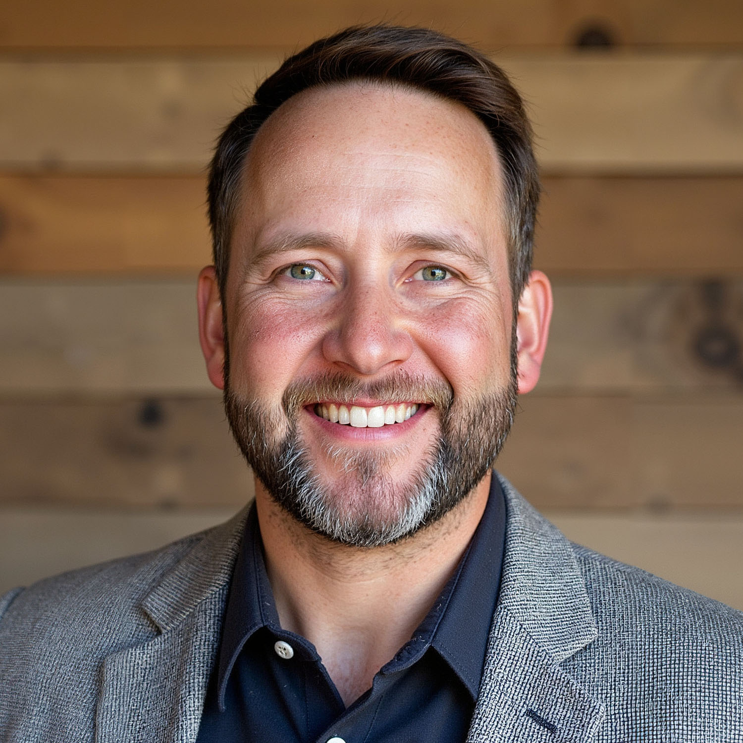 A man with brown hair and a beard and mustache wears a gray blazer and navy collared shirt against a wooden wall and smiles for a portrait photo.