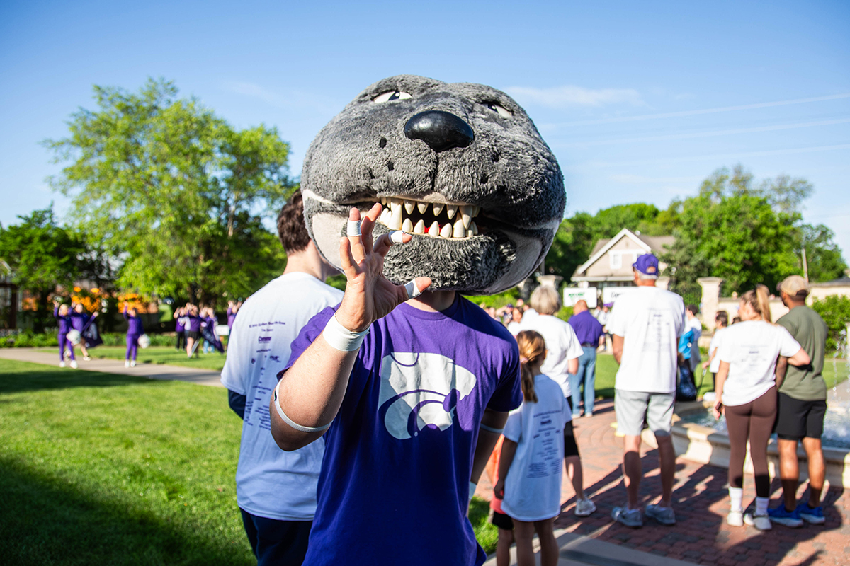 Willie the Wildcat, a mascot with the head of a cat, flashes a Wildcat hand symbol at the fifth annual Run for the Roses race, hosted by the Kansas State University Gardens.