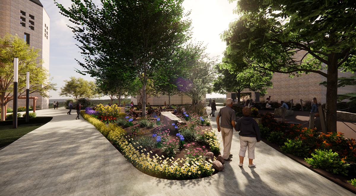 A 3D rendering shows a landscaped study garden on a college campus with several paved walkways and flower beds.