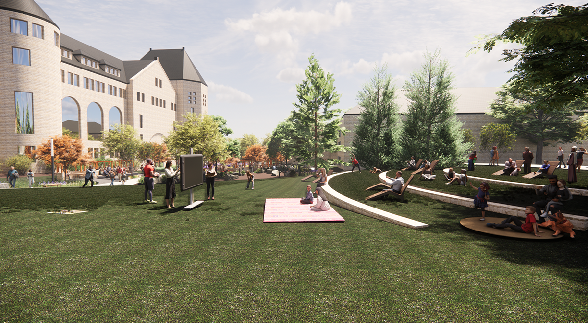A 3D rendering shows a landscaped college lawn, with students sitting on terraces and learning from a teacher lecturing from a stone-framed display.