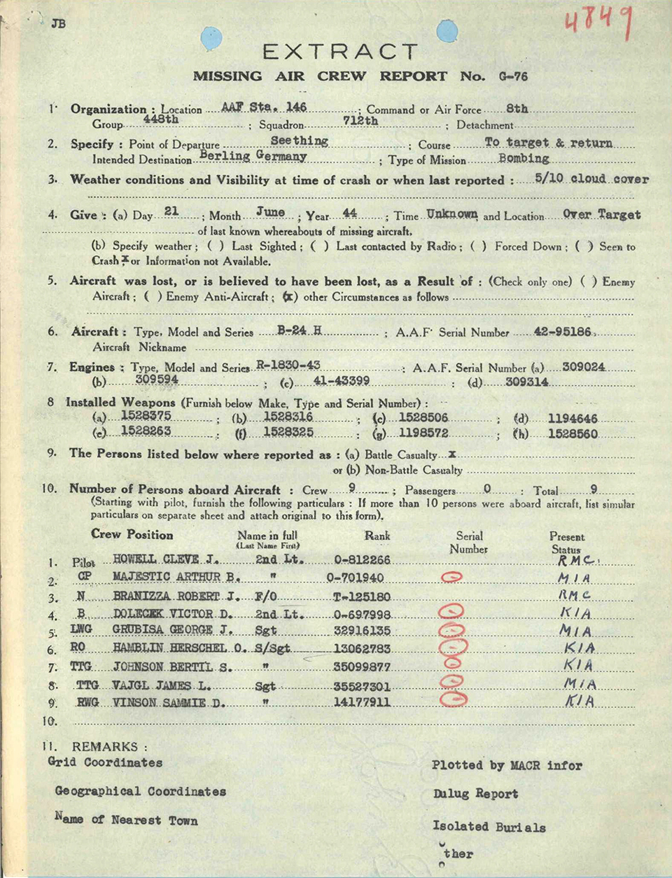 A historic document shows several details relating to a missing air crew that disappeared during combat in June 1944.