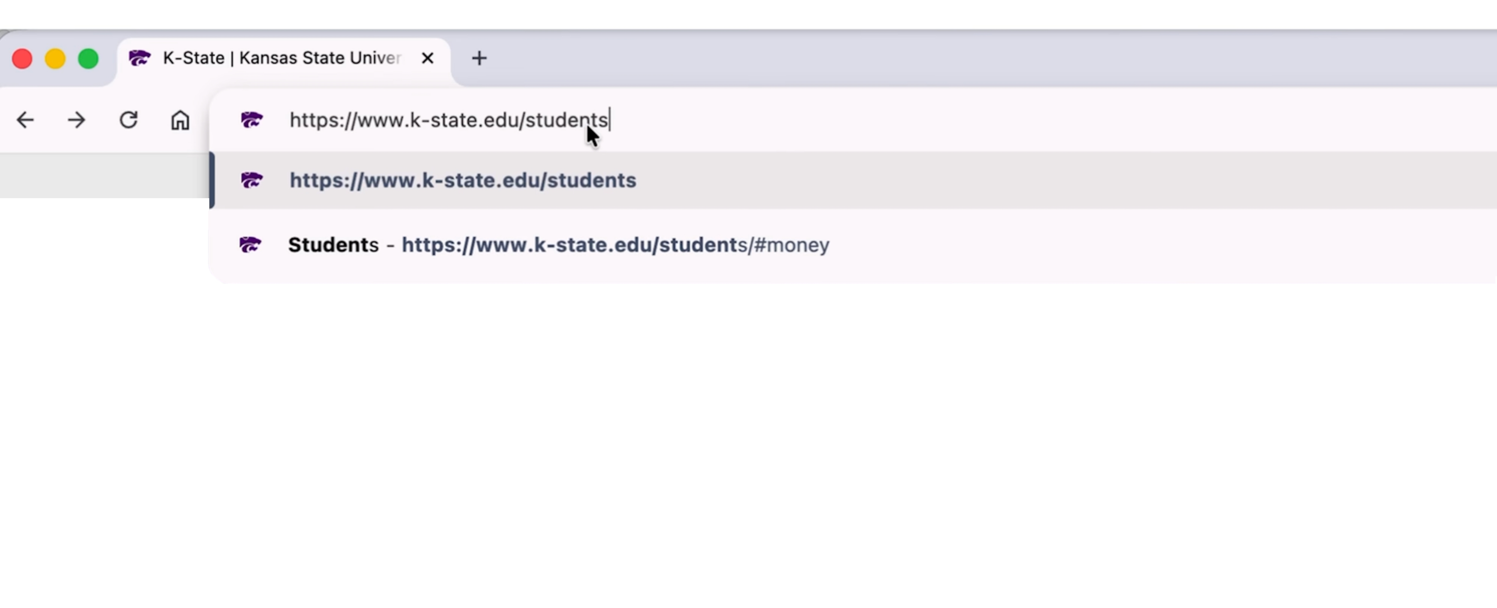 An image of a google search box, showing a cursor typing "k-state.edu/students," the URL that can lead students to Wildcat One Stop